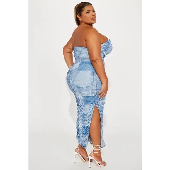 Fashion Nova Alexis Mesh Strapless Maxi Dress Size 3X NWT Blue Combo - Picture 4 of 9